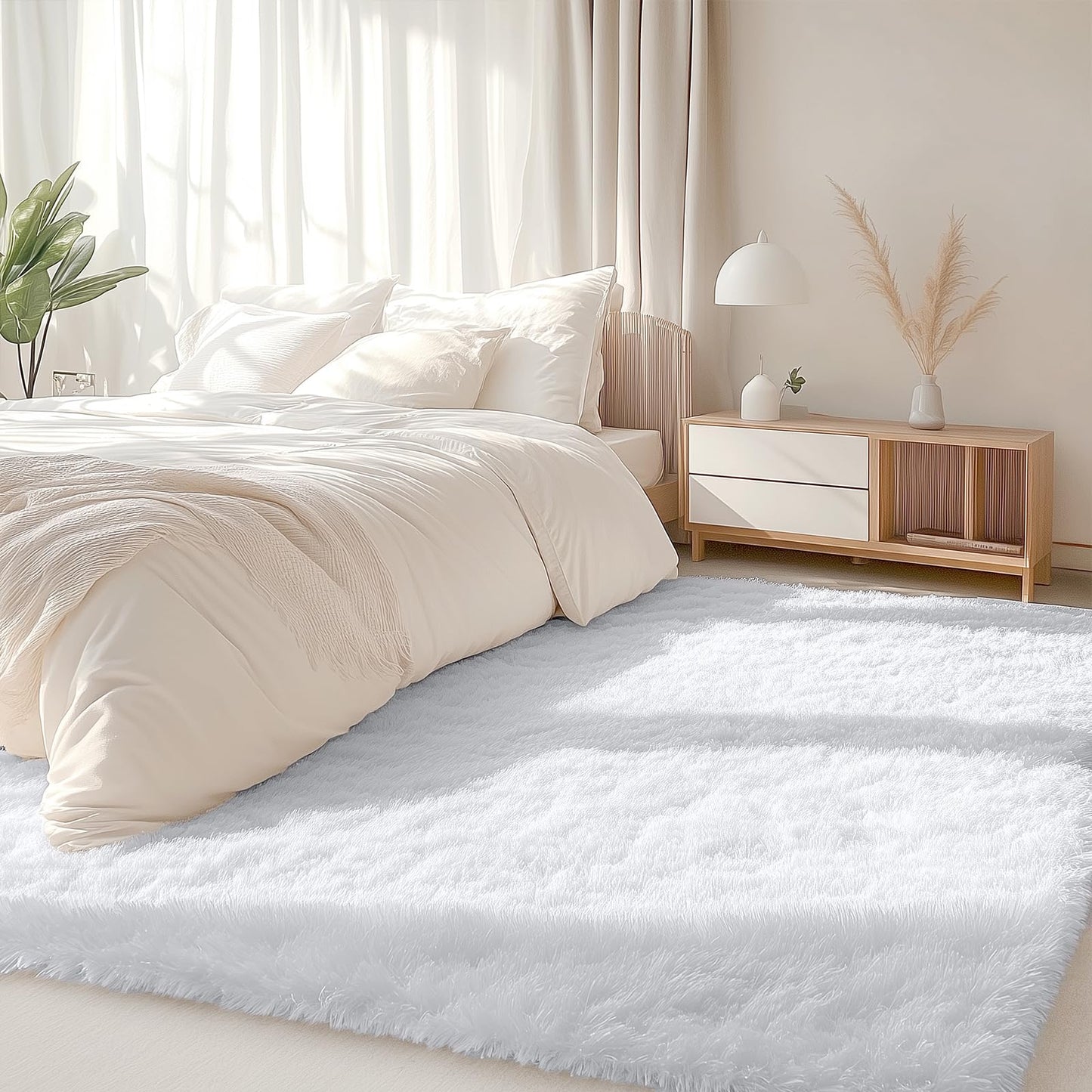 OLANLY 5x5 Area Rugs for Living Room Bedroom, Machine Washable Soft Fluffy Shaggy Bedside Rug, Indoor Floor Carpet for Kids Girls and Boys, Dorms, Nursery Rooms, Home Decor Aesthetic, White