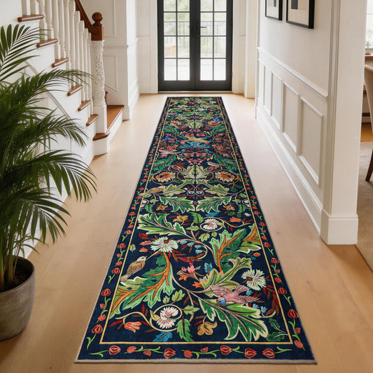 nesrt Botanical Runners for Hallways Kitchen Rug Non Slip 2x10, Long Washable Boho Jungle Runner Rugs, Soft Floral Forest Birds Carpet Runner for Hall, Laundry, Bedroom, Bathroom (Dark Green)