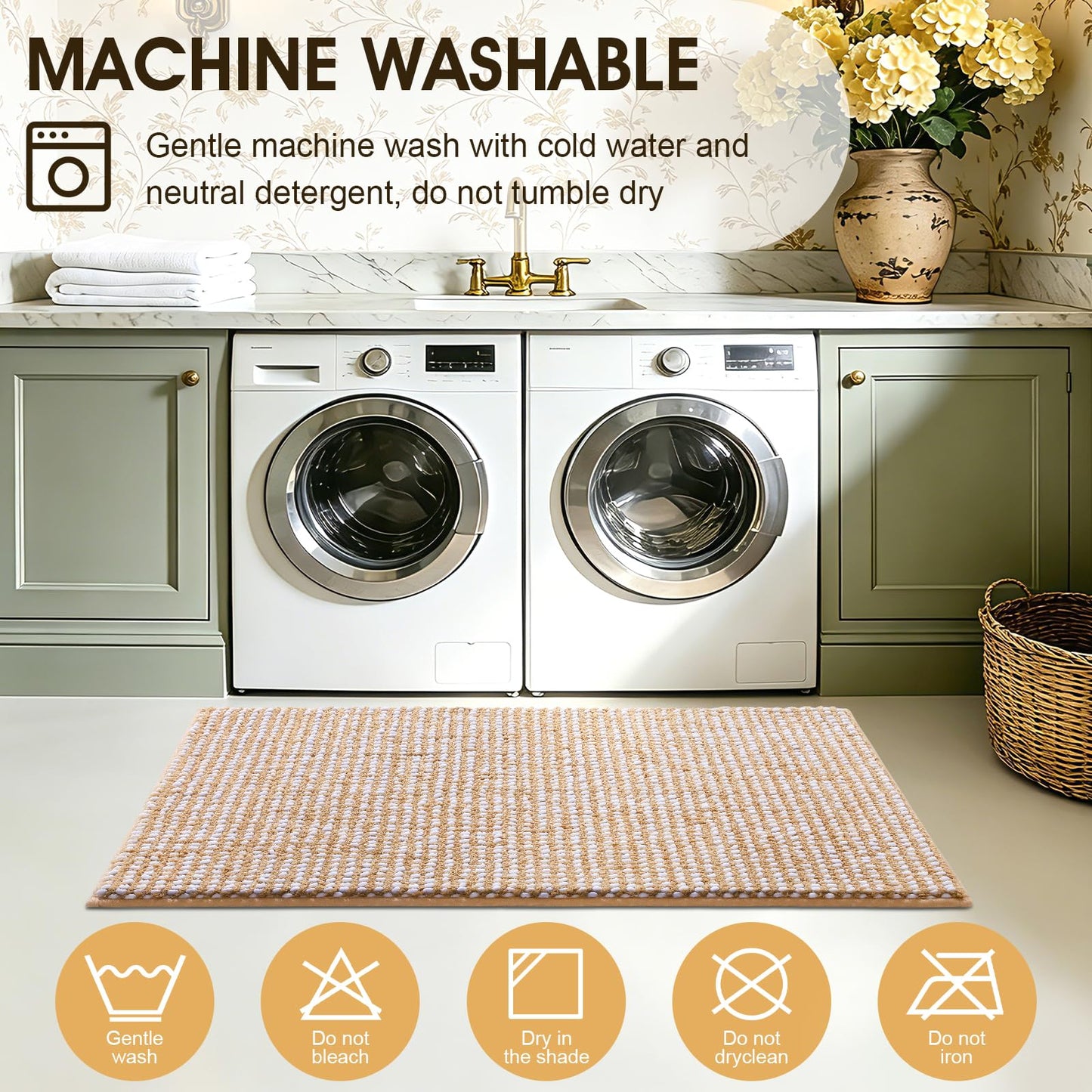 ACCUMTEK Chenille Spliced with Fluffy Cut Pile Absorbent Bath Mat, Thick Plush Bath Rug - Ultra Soft Skin-Friendly, Machine Washable Non-Slip Toilet Mat Set 3 Piece, Beige & White