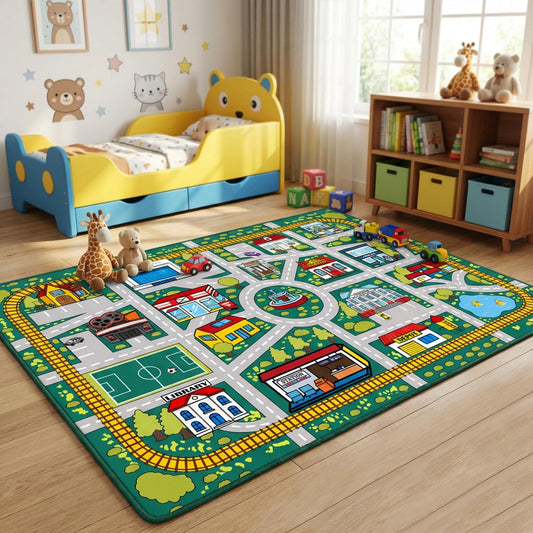 Plyra Kids Car Road Rug (3x5 Ft), Non-Slip City Traffic Play Mat for Toy Cars, Train Track Carpet for Kids Room, Educational Town Map with Police Station, Hospital & Cinema