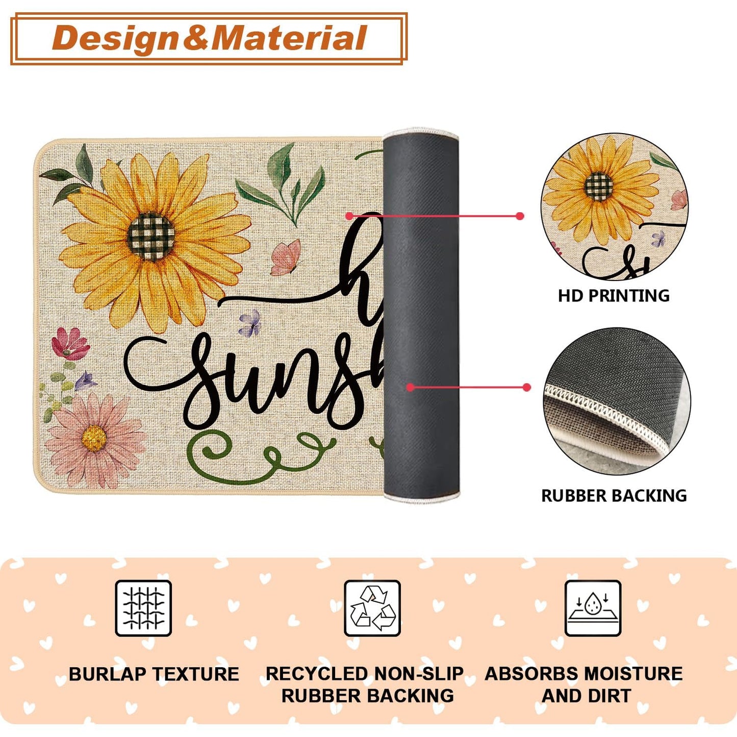 Baccessor Spring Summer Kitchen Rugs Set of 2, Sunflower Daisy Butterfly Floral Kitchen Mats for Floor Low-Profile Summer Holiday Home Decor 17x29 and 17x47 Inch