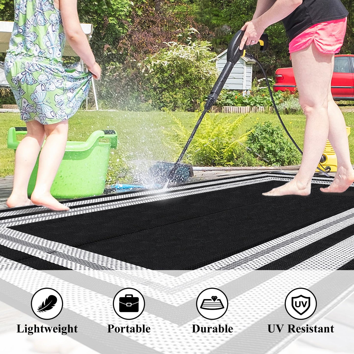 IDEALHOUSE Outdoor Rug, 320GSM Thick PP Woven, Modern Border A, Reversible Foldable, Lightweight Anti Scuff, Decorative Floor Mat for Patio Balcony Camping, Black White 10x14ft