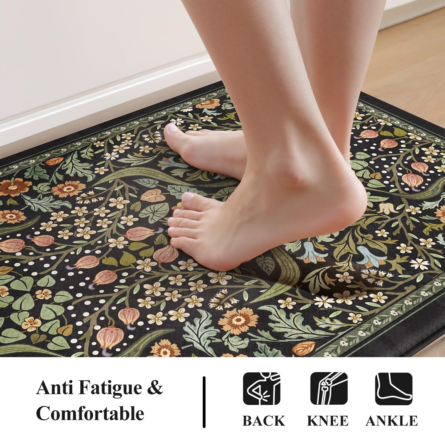 Collive Kitchen Mats for Floor, Cushioned Anti Fatigue Mat Black Floral Rugs Non Skid Waterproof Sink Rug, Memory Foam Comfort Standing Mat for Office, Laundry, Desk, 24''x71''