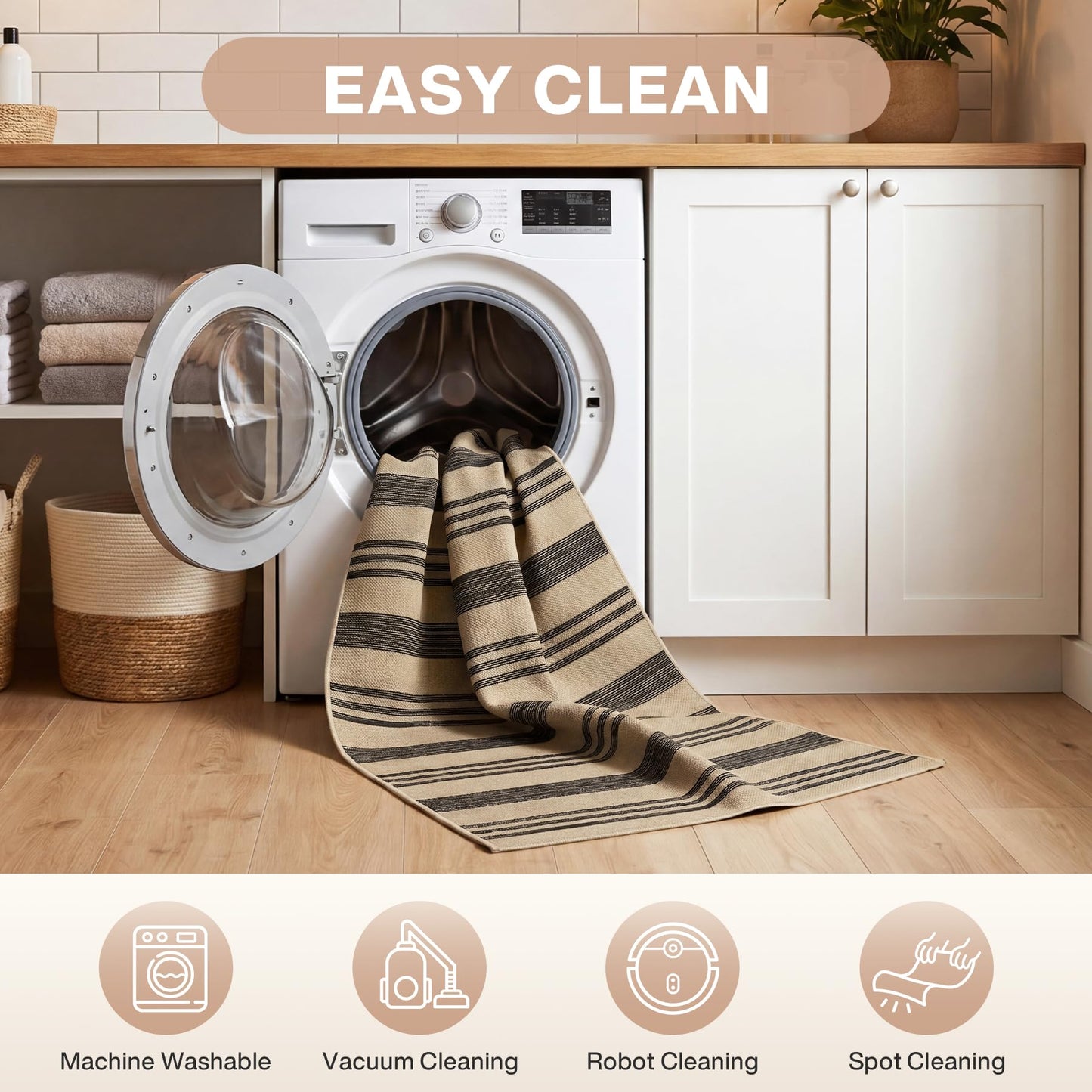 Tribesigns Striped Easy Jute 2.5'x8' Hallway Runner Rug Non Slip, Black Outdoor Kitchen Runner Rugs Non-Skid Washable, Farmhouse Modern Indoor Carpet for Entryway Porch, Oeko-Tex Certified