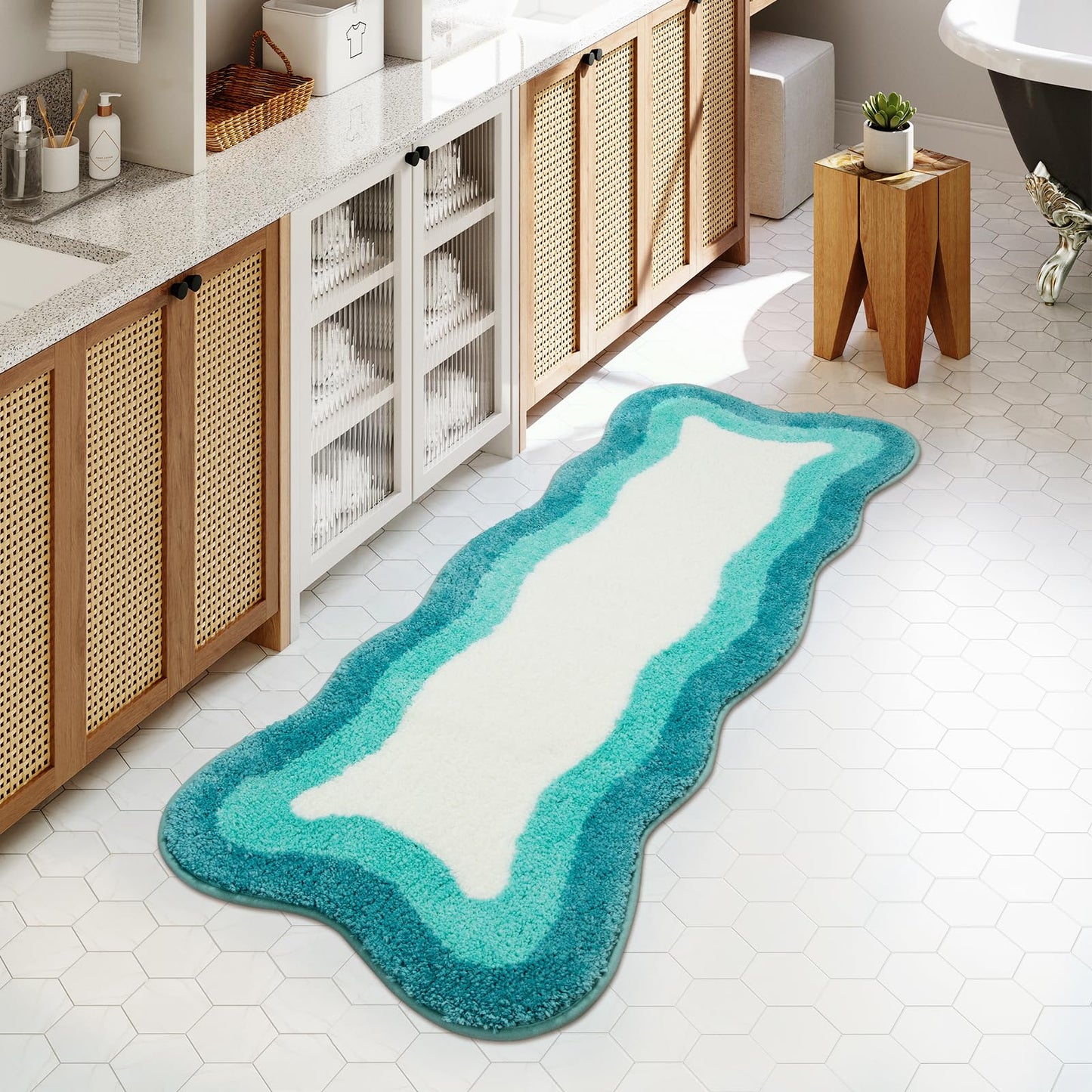 HAOCOO Aqua Blue Gradient Scalloped Runner Rug, 24x59 Inch Irregular Shape Bath Rug,Washable Absorbent Bathroom Runner Rug for Bedroom Bathtub Sink Shower