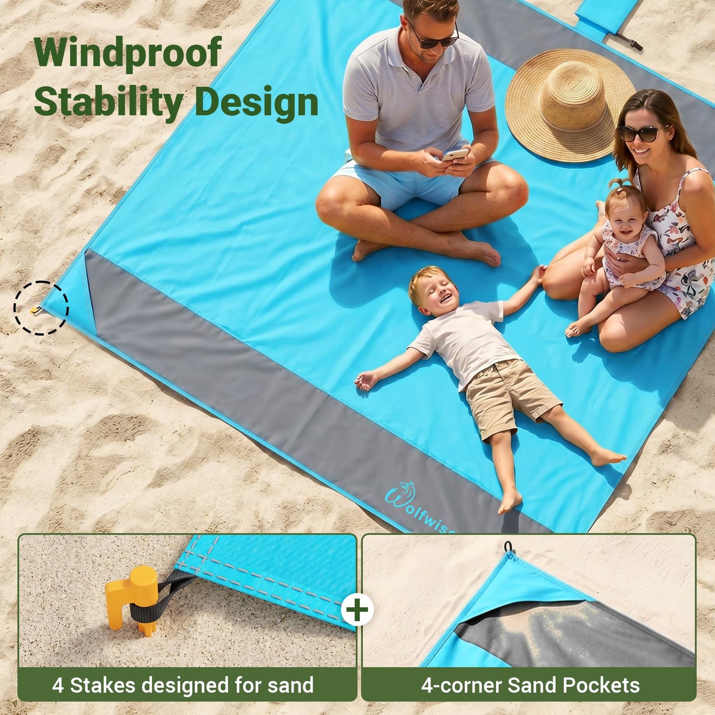 WolfWise 78" × 81" XXL Beach Blanket, Waterproof & Sandproof Picnic Mat with 4 Sand Pockets & 4 Stakes, Windproof Outdoor Camping Beach Mat, Lightweight, Fits 4 People, Blue