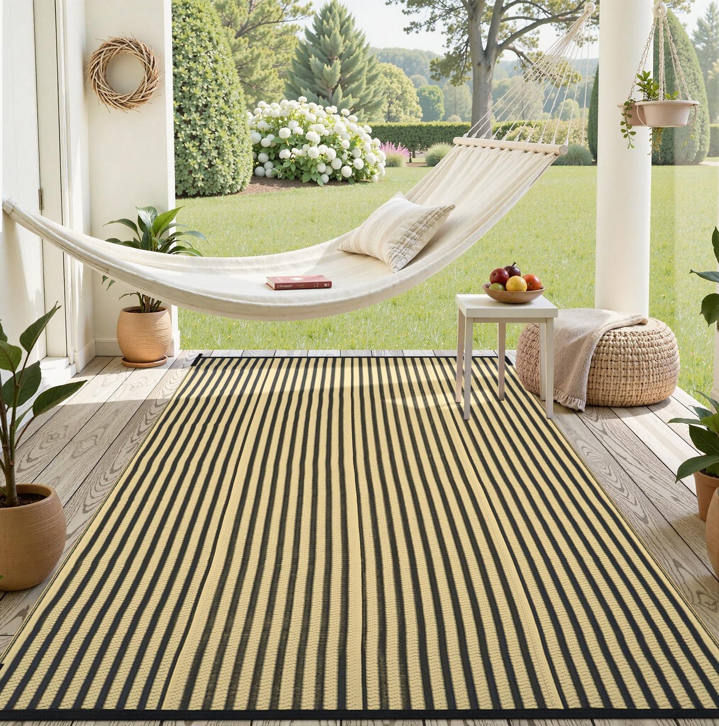 LEEVAN Waterproof Outdoor Rug 6x9 Patio Rug Clearance Black and Tan Plastic Straw Area Rug for Backyard Striped Camping Outside Mat for Picnic, RV, Deck, Bench, Balcony