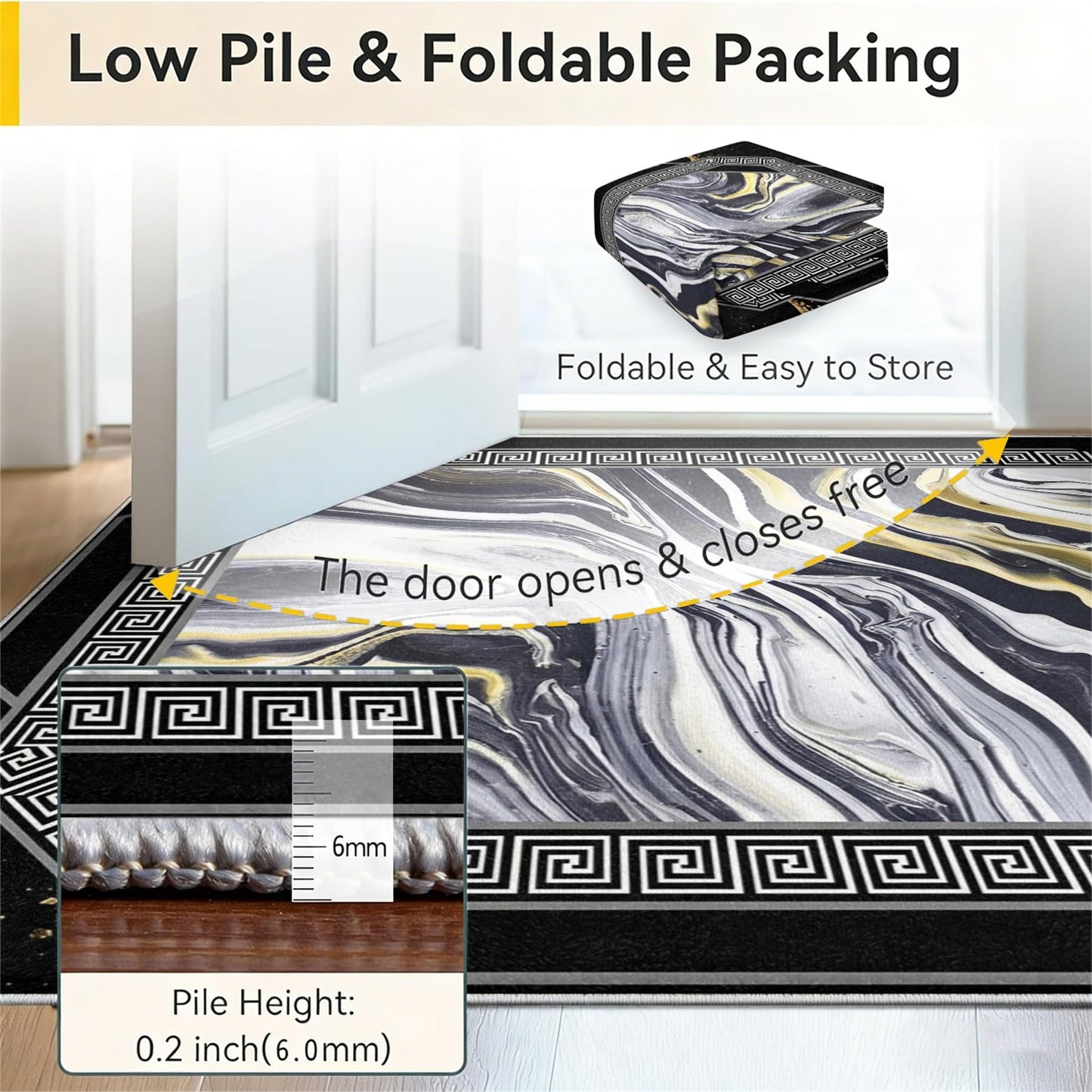 Black Gold Marble Abstract Area Rug 7x10ft, Modern Swirl Fluid Art Carpet with Greek Key Border, Luxury Non Slip Large Floor Rug for Living Room Bedroom Office Home Decor