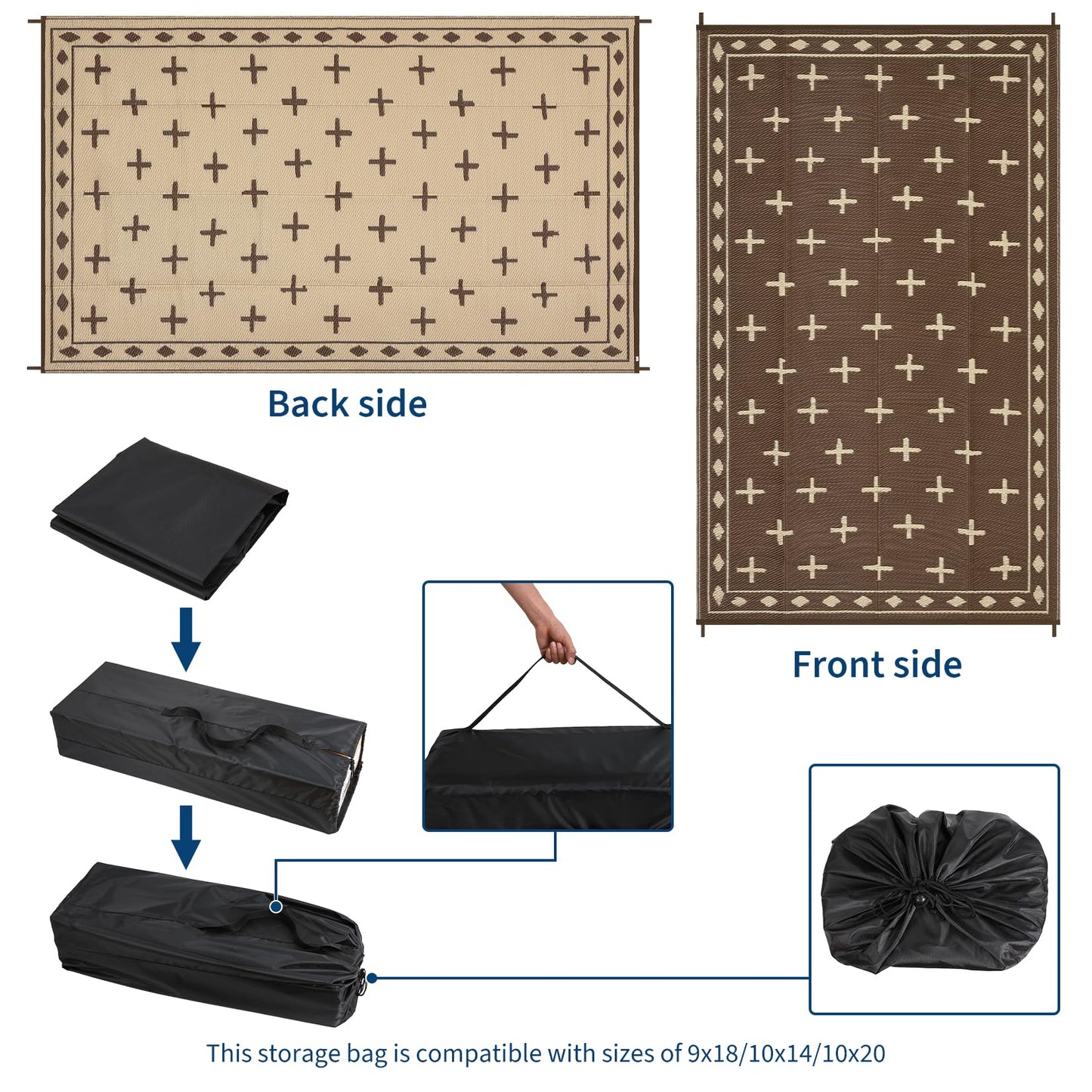 GarveeHome 8'x10' Outdoor Camping Rug – Waterproof, Sand-Free & Foldable – Portable RV Mat for Patio, Beach, Picnic – Reversible Plastic Floor Mat with Carry Bag, UV Resistant, Brown