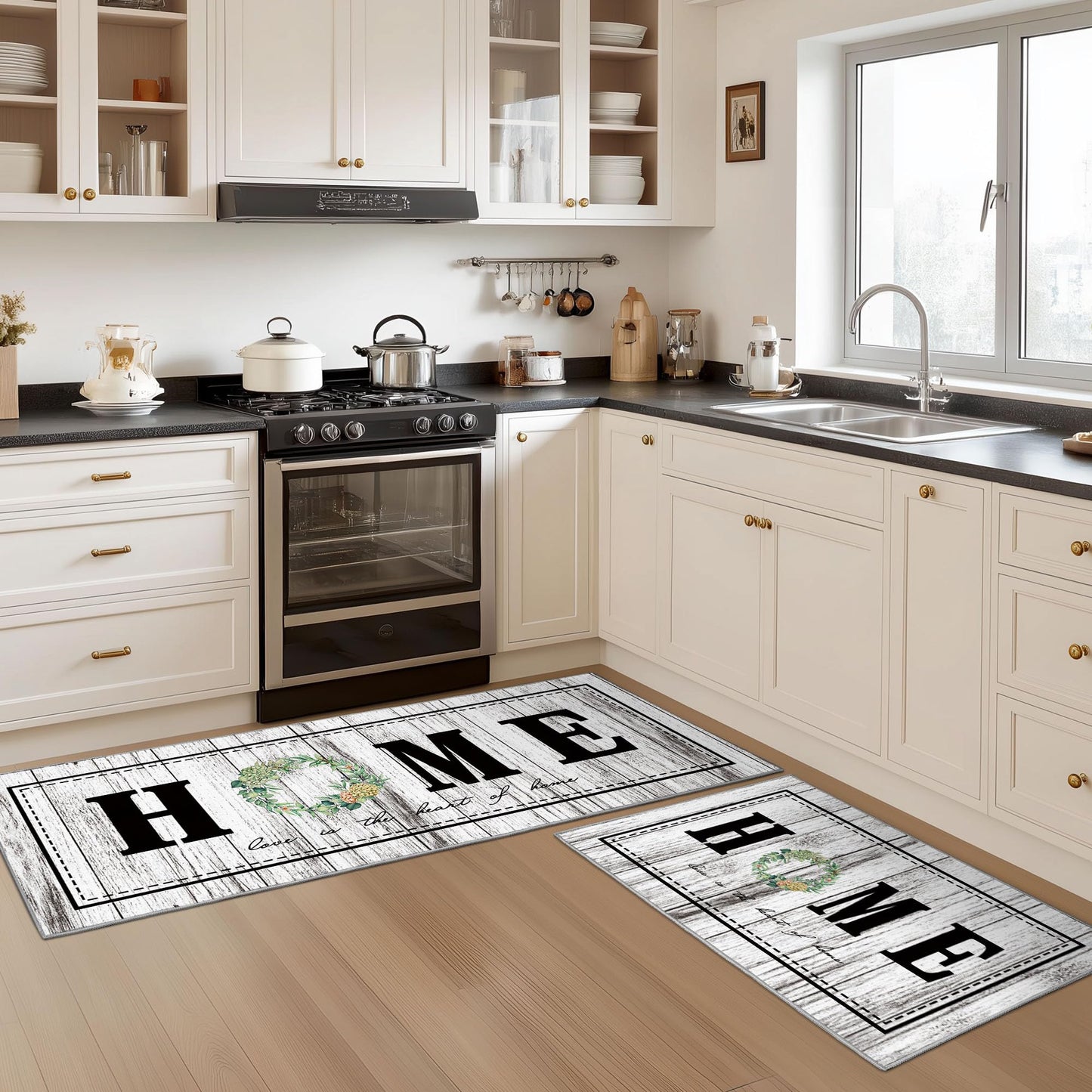 Tritard 100% Non Slip Kitchen Rugs Sets of 3 Farmhouse Washable Kitchen Mats for Floor Non-Skid Kitchen Runner Rug Soft Rustic Kitchen Floor Carpet for Hallway, Laundry, Sink, Office, Grey