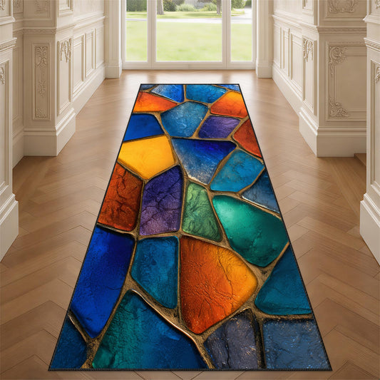 Stained Glass Runner Rug 2x7, Colorful Mosaic Rug for Entryway, Modern Multicolor Geometric Rugs for Kitchen, Colorful Art Runner Carpet, Non-Slip Low Pile Floor Mat