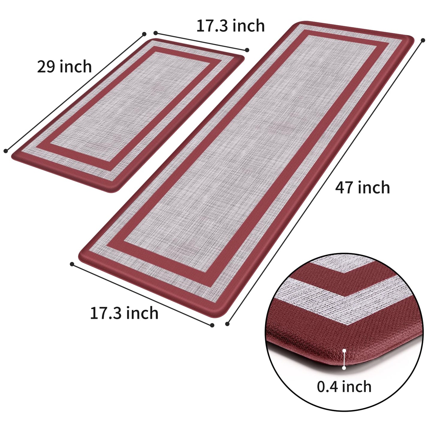 Mattitude Kitchen Mats Set of 2 Cushioned Anti-Fatigue Non-Skid Rug Sets Ergonomic Comfort Standing Mat for Kitchen, Floor, Office, Sink, Laundry,Red