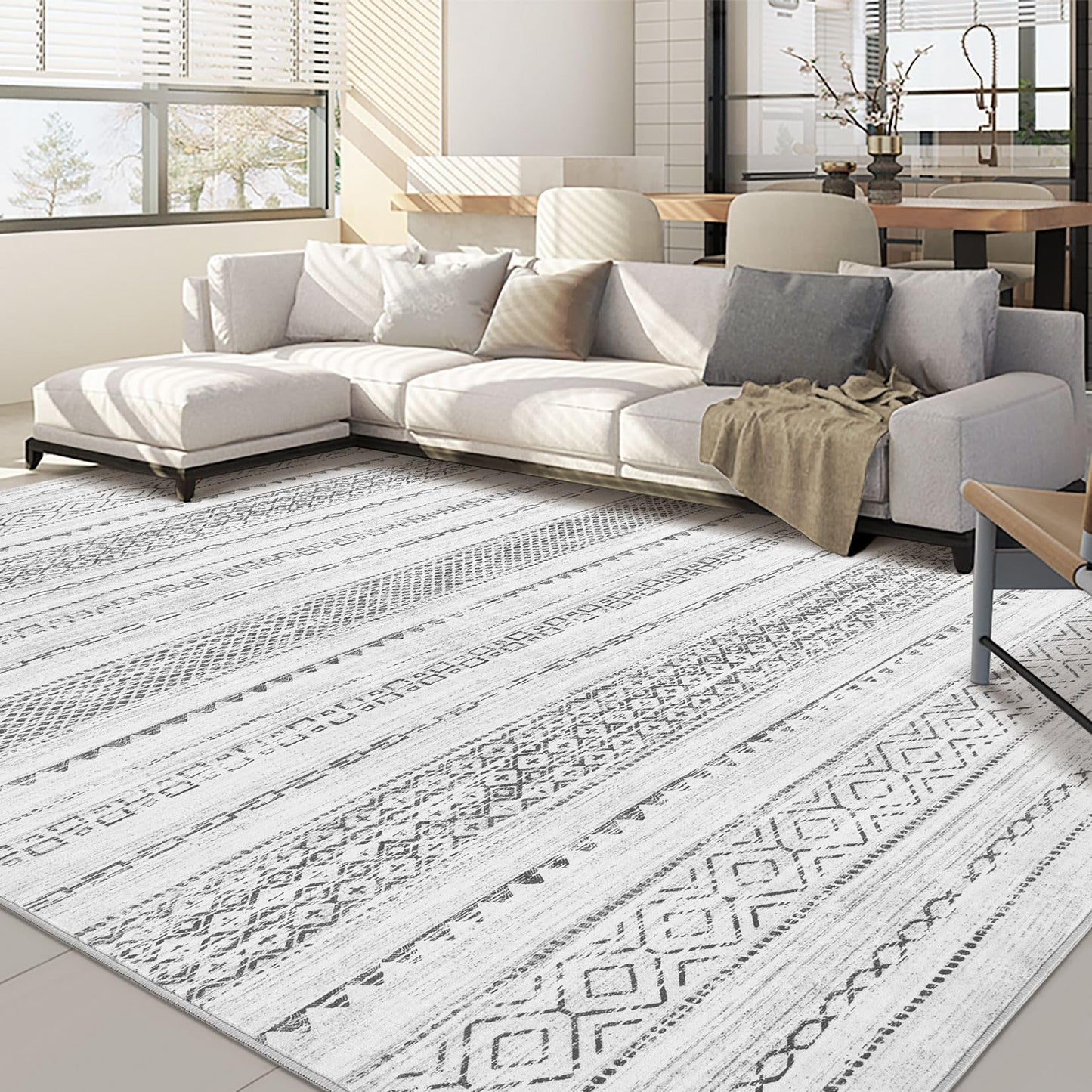 Nakagishi Area Rug Living Room Rugs: 5x7 Machine Washable Boho Large Neutral Farmhouse Stain Resistant Moroccan Indoor Floor Carpet for Bedroom Nursery Dorm Classroom Playroom Dining Room House- Grey
