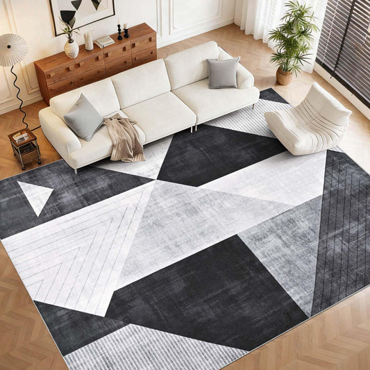 Yinhua Modern Geometric Area Rugs 9x12 Living Room Grey Washable Rugs Non Slip Low Pile, Large Soft Bedroom Rug Non Shedding, Modern Simplicity Carpet for Home Office, Dining Room, Grey Black