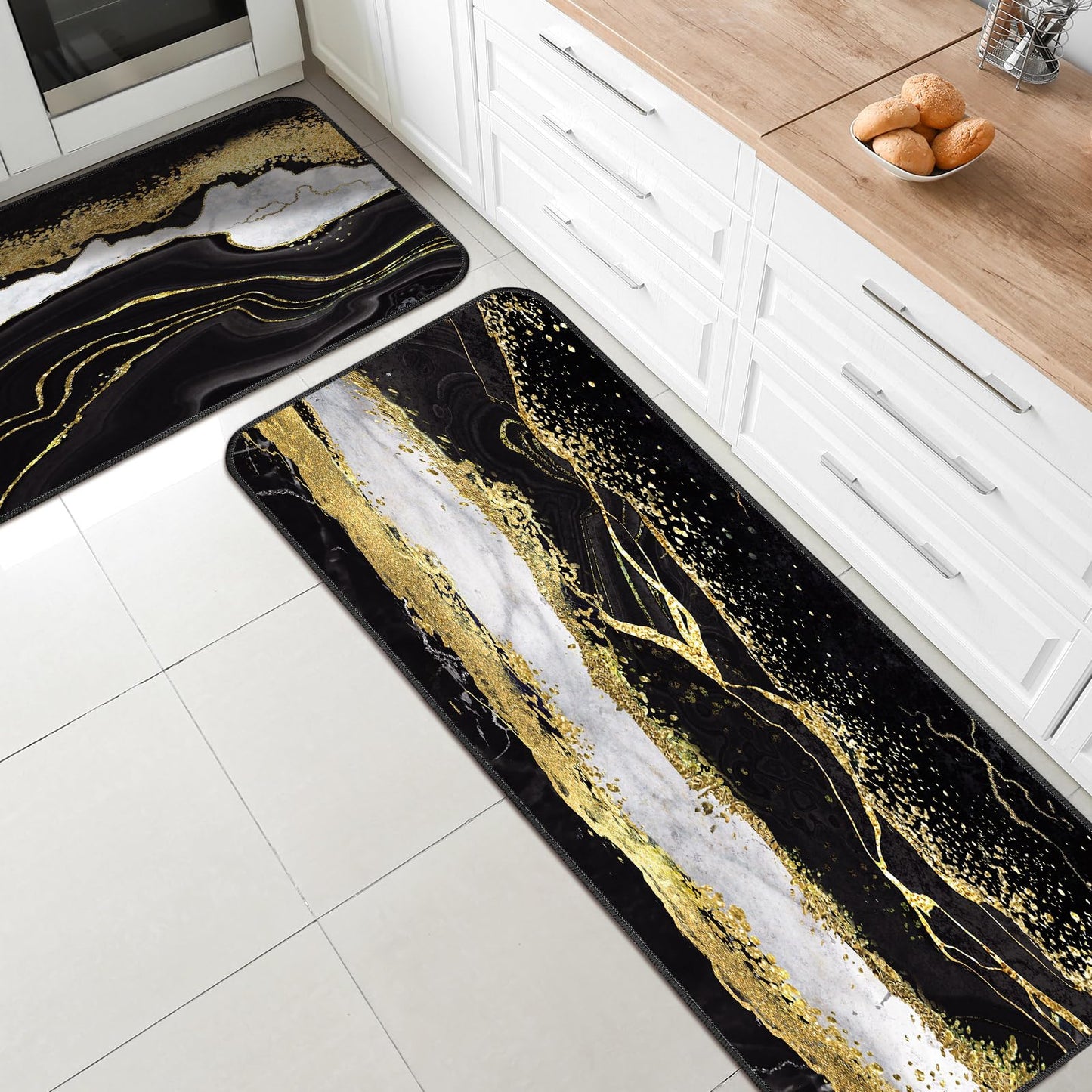 Bencailor Sets of 2 Marble Kitchen Rugs and Mats Black Gold Non Slip Kitchen Rugs Washable Door Mats for Home Floor Winter Bathroom Cabin Decor, 29 x 17 Inch and 47 x 17 Inch