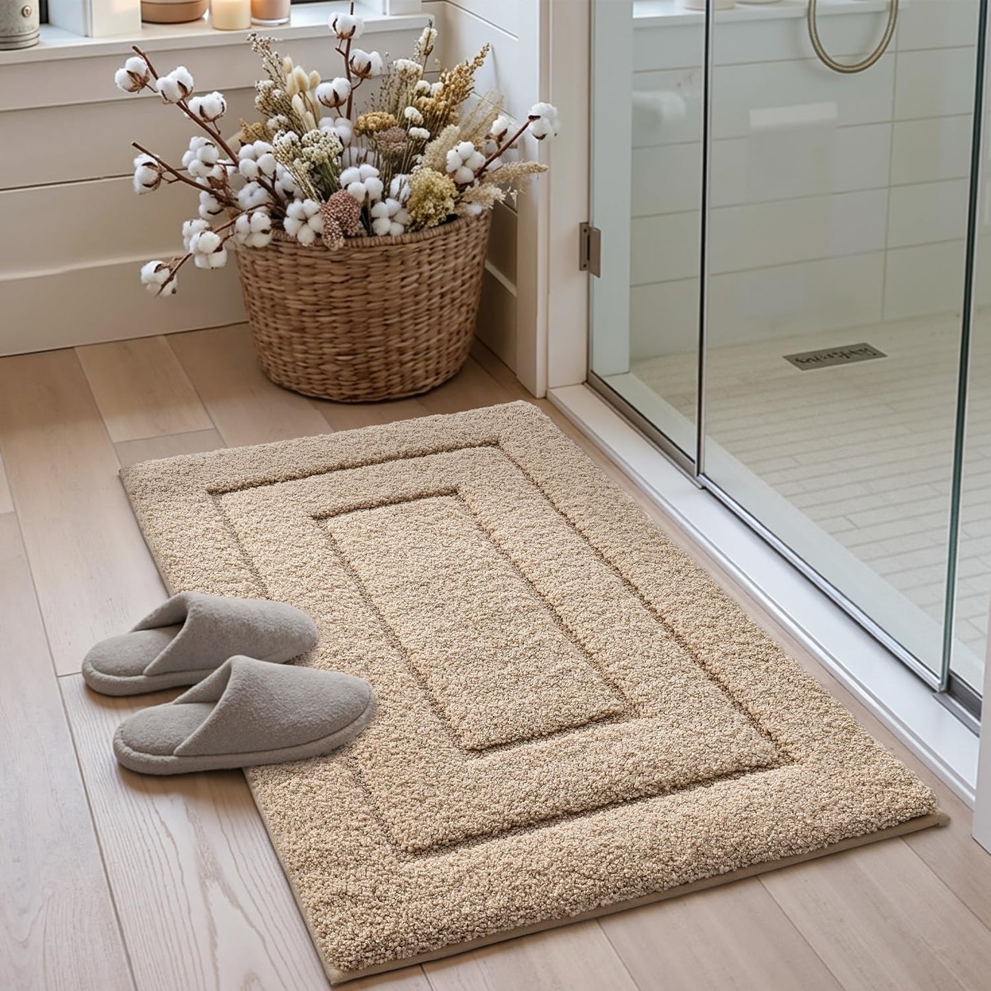 DEXI Bathroom Rug 32x20, Non Slip Washable Bath Mat for Shower Floor, Absorbent Soft Bathmat with Rubber Backing, Quick Dry Microfiber Carpet, Beige