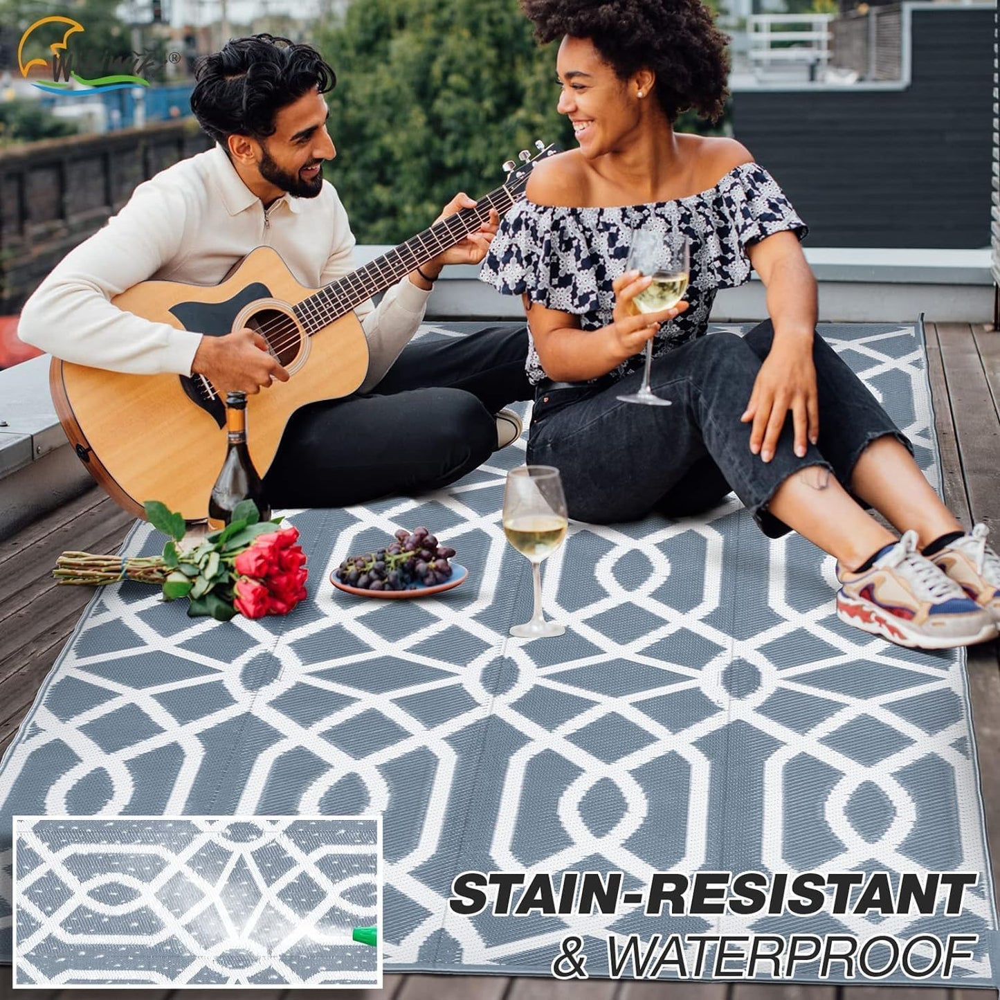 wikiwiki Outdoor Rug, 6x9ft Waterproof Reversible Mat Indoor Outdoor Rugs Carpet, Small Area Rug Plastic Straw Rug for Patio Deck Balcony Pool RV Camping Beach Picnic, Grey, Rugscape Series