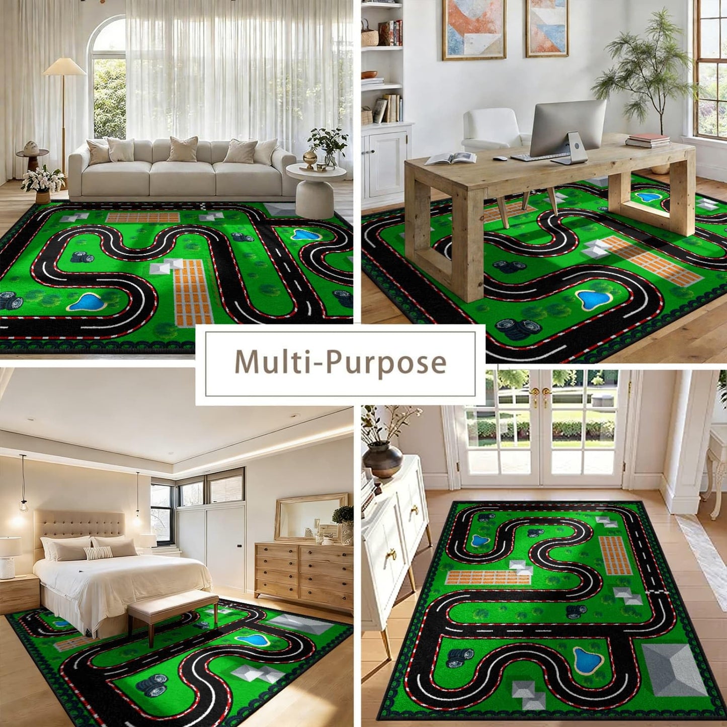 CRJMKS Non Slip Car Carpet for Kids Racing Road Car Playroom Mat, 2x3ft,Large Machine Washable Green Race Car Track Rug for Boy's Bedroom-Classroom Home Decor Soft Area Rugs