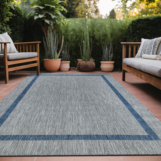 Luul Home Bordered Outdoor Rug 8x10 Washable Outside Carpet for Indoor Patio Porch Waterproof Easy Cleaning Non Shedding Area Rugs Silver Gray - Blue 8 x 10