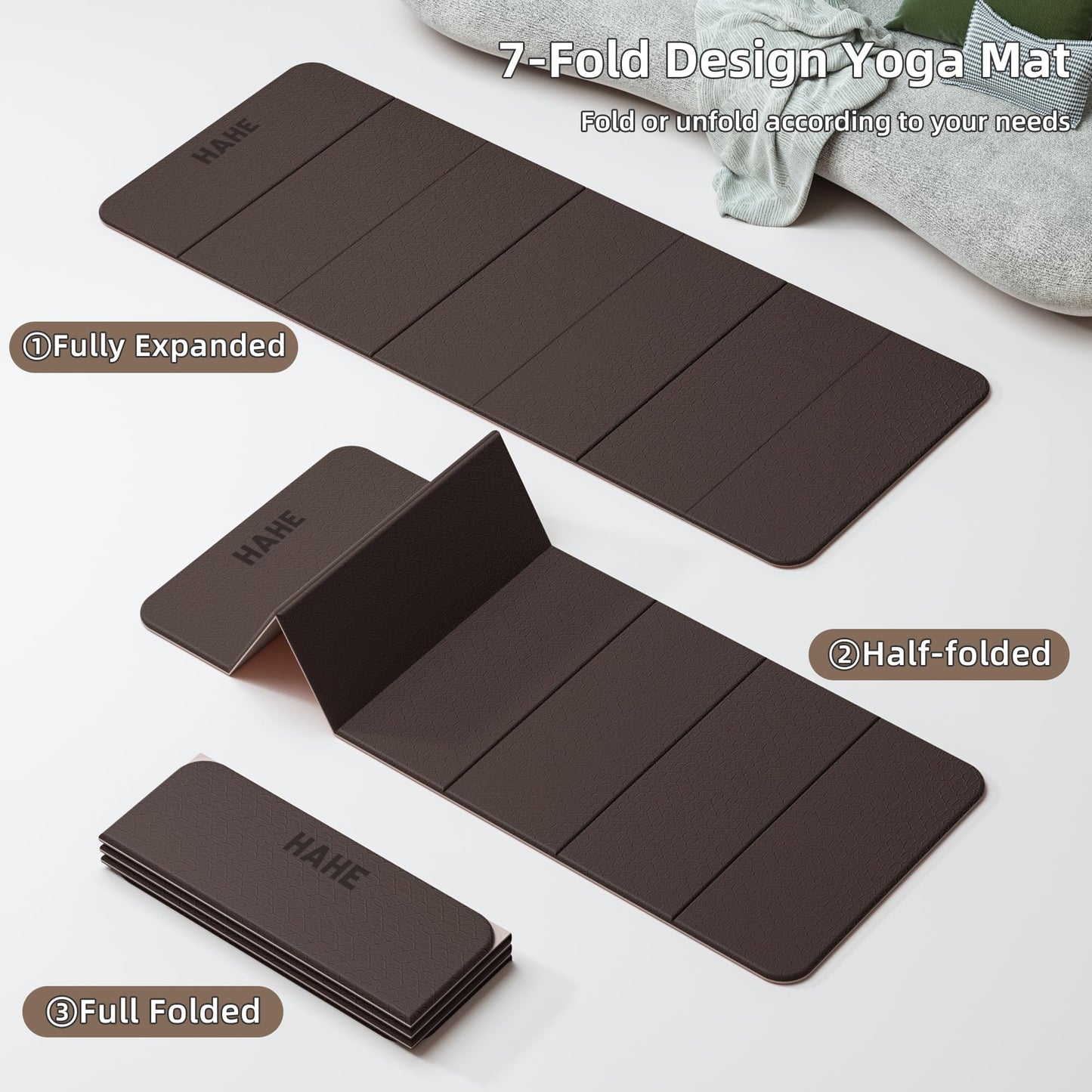 HAHE 7-Fold Design Extra Thick Yoga Mat 72"L x 24"W x 0.47",TPE Fitness Exercise Mats, Non-Slip Foldable Yoga Mat, High Density, Portable for Men & Women, Yoga, Pilates, Home Gym (Brown & Beige)