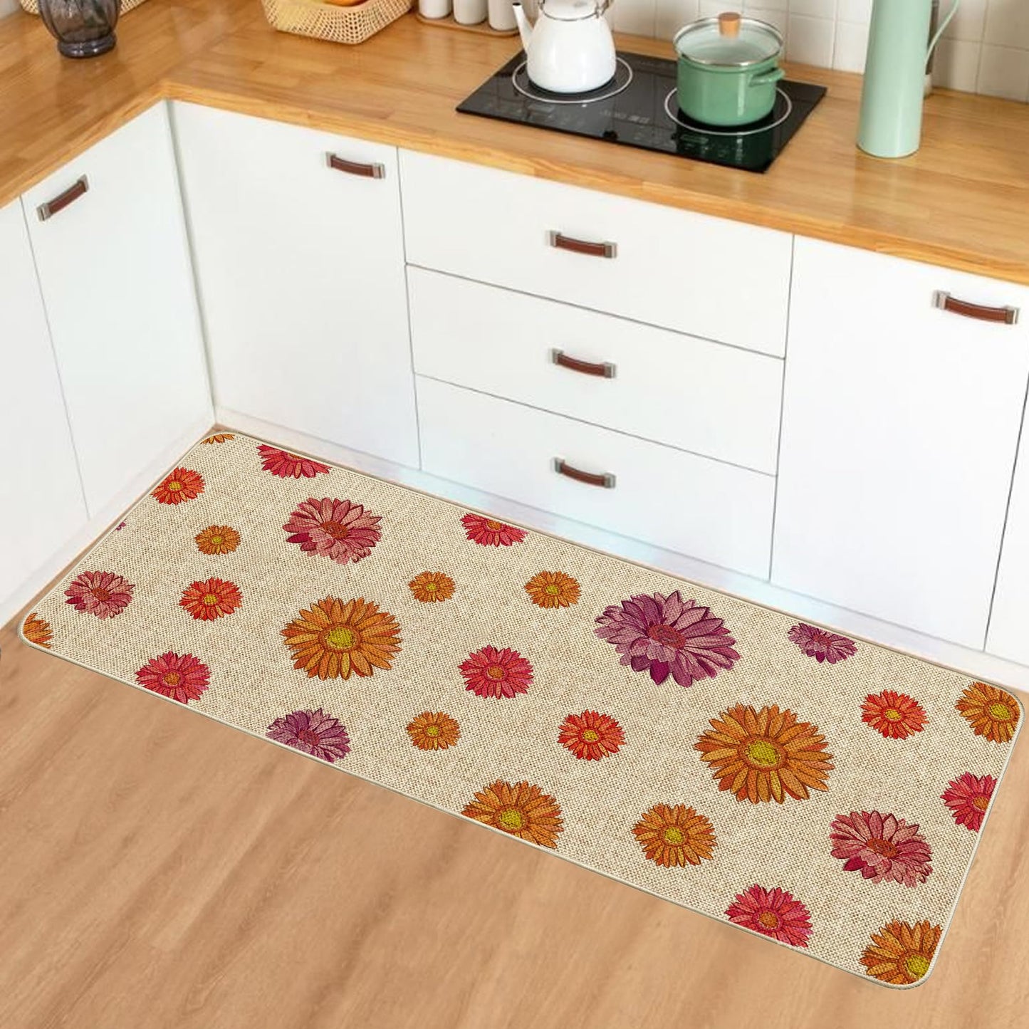 Tikeciti Spring Summer Vibrant Daisies Kitchen Mats Set of 2, Daisy Floral Kitchen Rugs Seasonal Holiday Floor Non-Slip Low Profile Mat Farmhouse Home Decor 17x29 and 17x47 Inch
