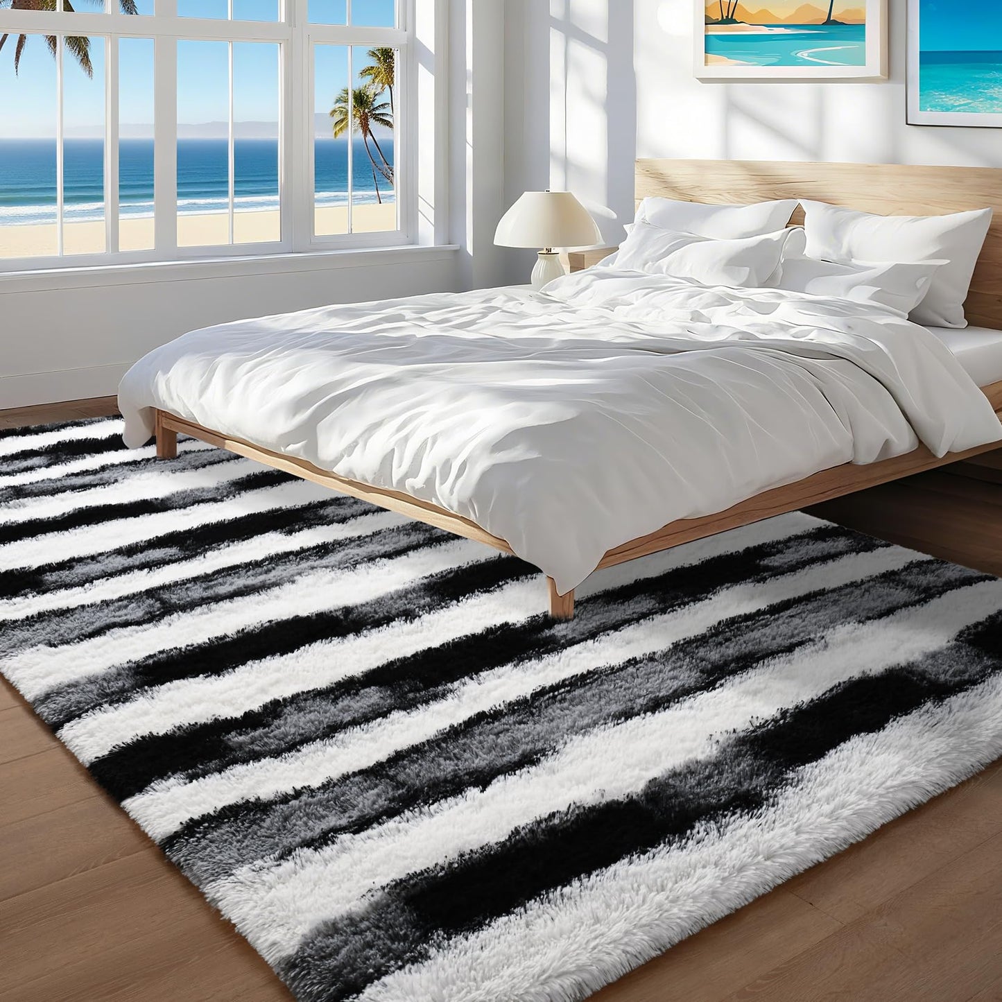 Woottpe Black and White Rugs for Living Room Bedroom, 4x6 Fluffy Soft Plush Area Rugs with Non-Slip Backing, Modern Striped Shag Fuzzy Carpets for Kids Playroom Nursery Dorms Home Decor