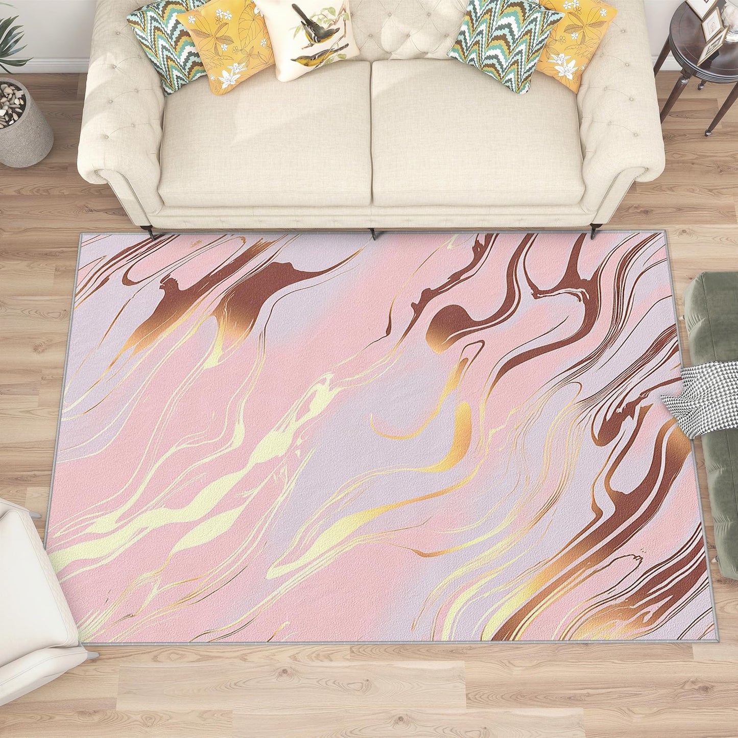 Marble Rugs for Living Room - Marble Rug, 4x5 Rug, Modern Abstract Art Area Rug, Girls Pink and Gold Washable Rugs for Living Room Bedroom, Pastel Luxury Carpet - Home Decor, Marble Gifts for Women