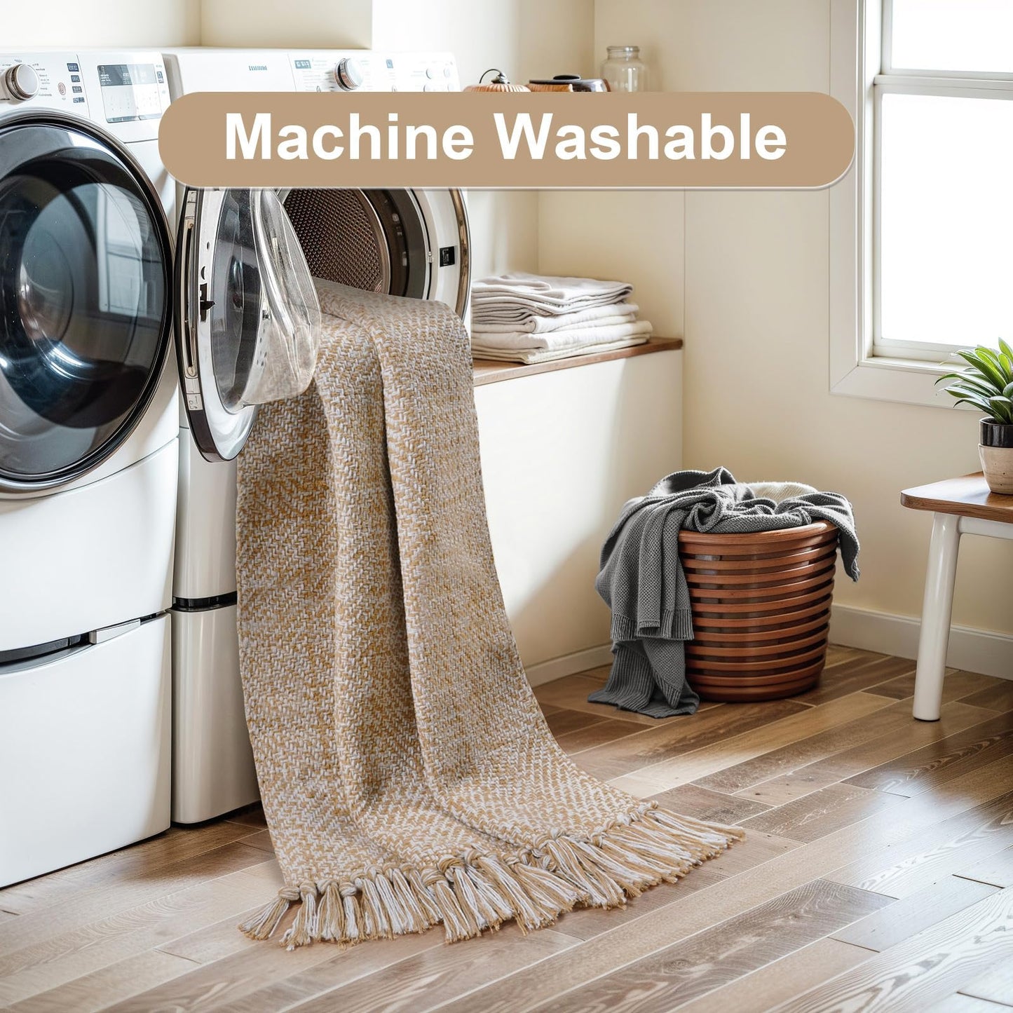 Collive Small Bathroom Rug, 2' x 3' Hand-Woven Low Profile Front Entryway Rug, Tan Cotton Reversible Washable Kitchen Mat Modern Farmhouse Carpet for Foyer Bedroom Back Door Decor