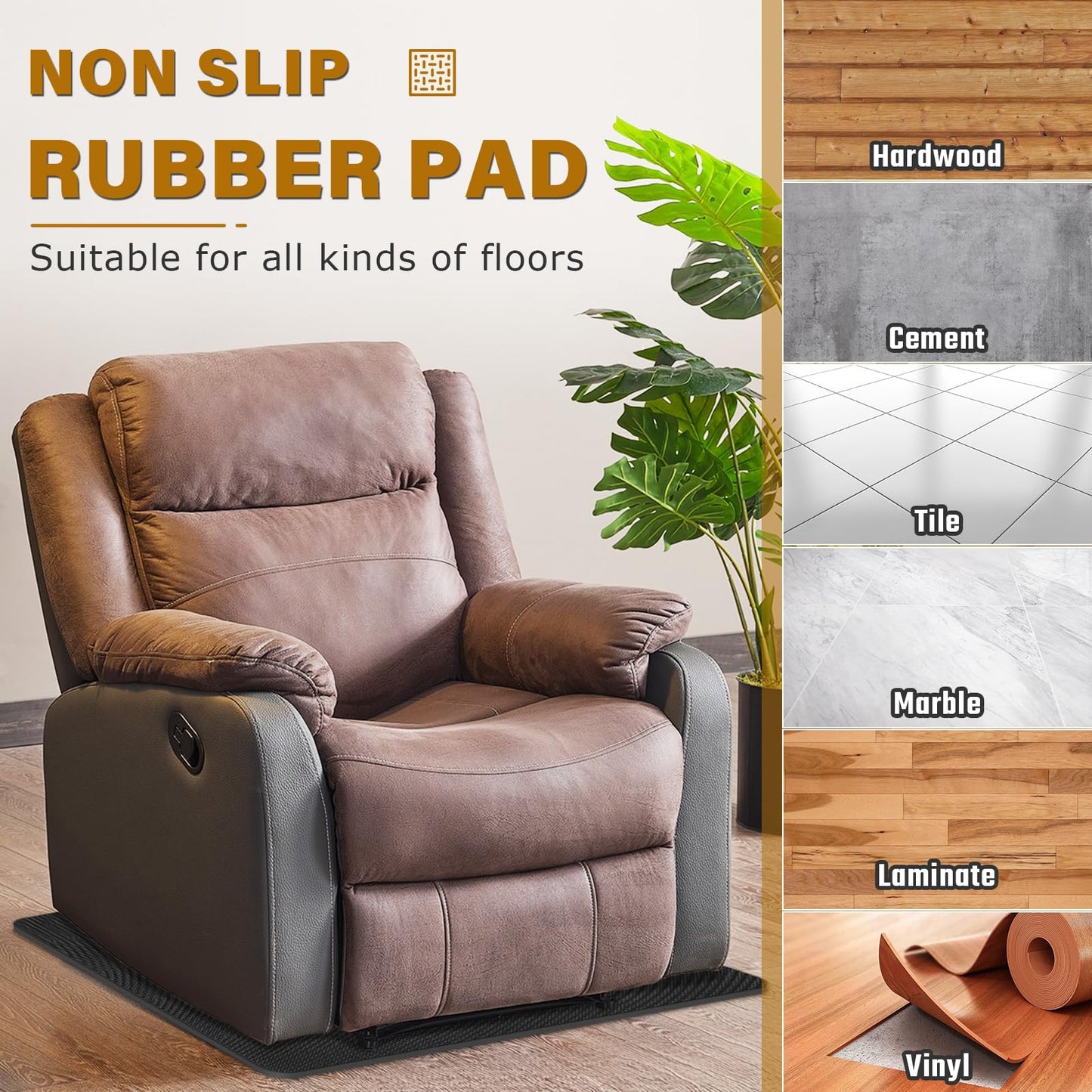 Recliner Pads for Hardwood Floors, 30" x 30" Non Slip Furniture Gripper Pad, Rubber Under Recliner Mat for Swivel Chairs, Sofas and Living Room Furniture, 1 Pack, Black