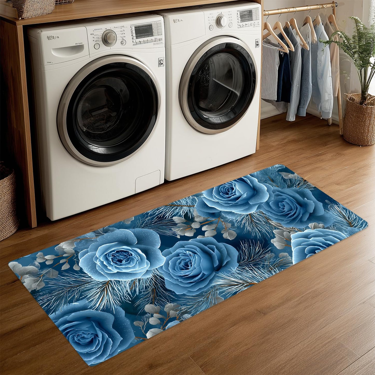 Blue Rose Laundry Room Rug 20x47 Inch – Non-Slip Winter Floral Runner Mat for Laundry Room, Entryway, Christmas Decor