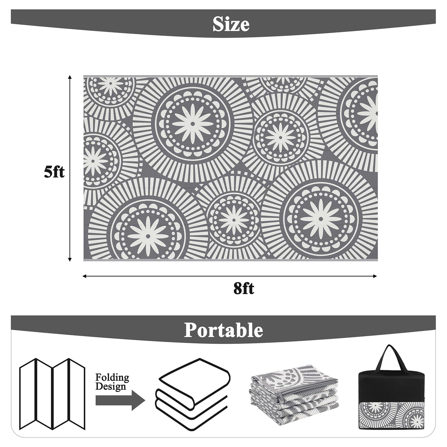 Ileading Outdoor Patio Rug Waterproof, Reversible Plastic Straw Mat, Grey Geometric Outside Carpet Quick Dry, Portable Area Rug for Deck Porch Balcony Camping RV (5×8 ft)