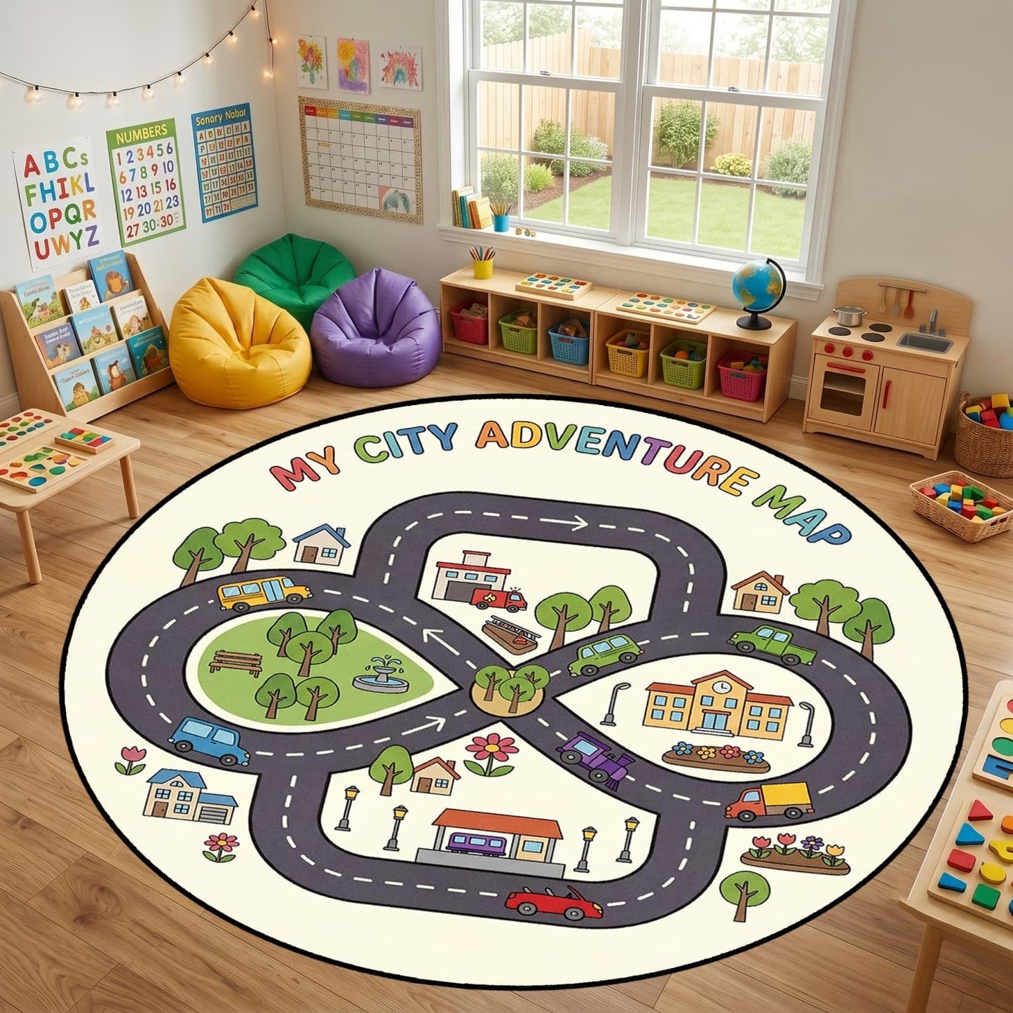CRJMKS Round Car Rug Play Mats for Kids,3ft,City Road Map Round Children's Rug for Boy's Bedroom Playroom Nursery Preschool Education Circle Rugs Low-Pile with Rubber Backing