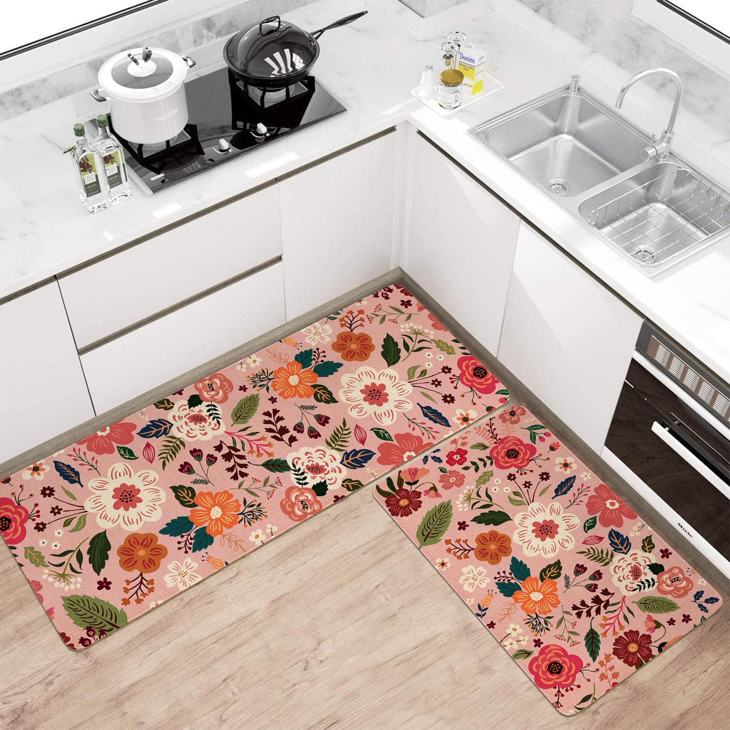 Xsinufn Boho Floral Kitchen Mat Set of 2,Modern Farmhouse Flowers Kitchen Rugs and Mats Non Skid Washable,Spring Summer Bohemian Kitchen Runner Rugs with Rubber Backing (Pink 17"x47"+17"x30")