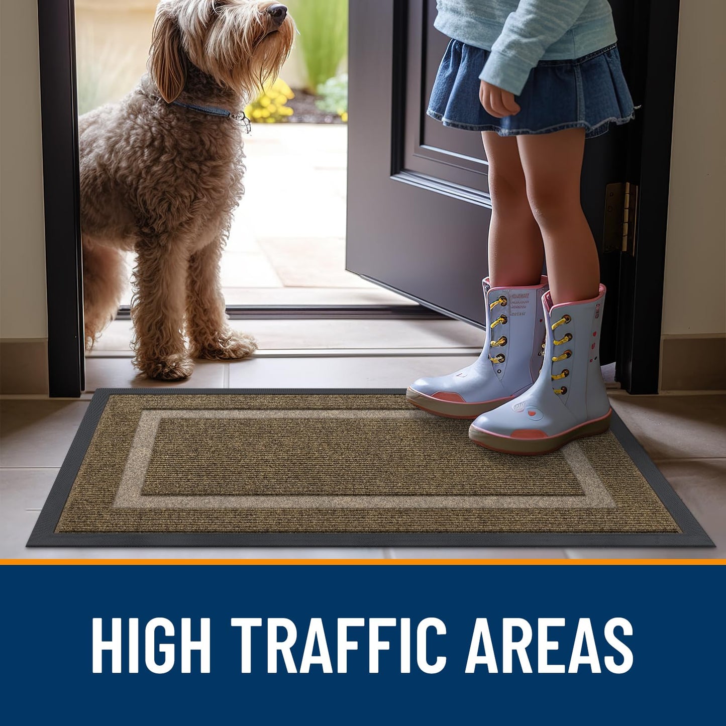 OLANLY Front Door Mat Indoor Outdoor Entrance, Waterproof All-Season, All-Weather Doormat, Sturdy Natural Rubber, Fade Resistant, Low Profile, Easy Clean Patio Porch Entryway Mat, 59x35, Brown