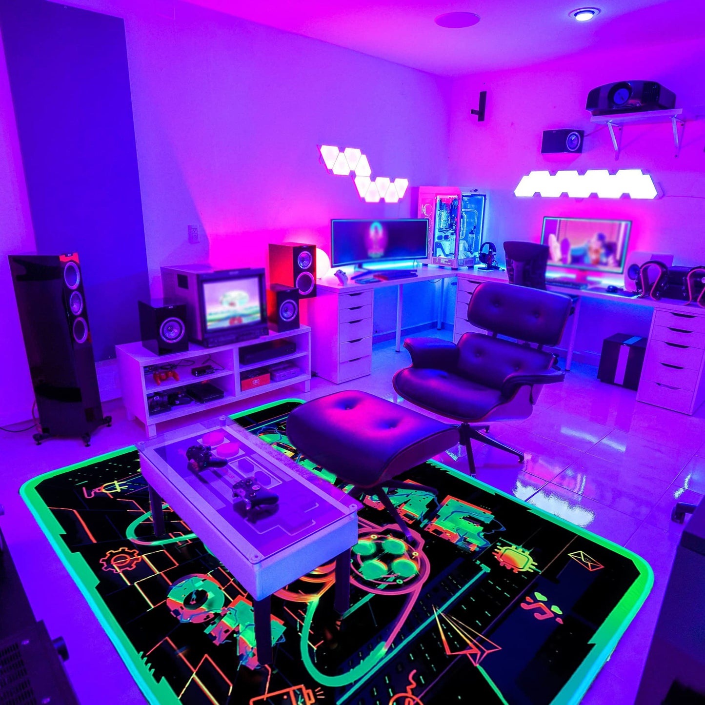 KMkicme Gaming Area Rug Blacklight for Bedroom Decor Game Printed Carpet Gamer Rug Glow in The Black Light for Playroom Large Non-Slip Area Rug Kids Boys Girls Game Room Casual Mat 82x59 Inch