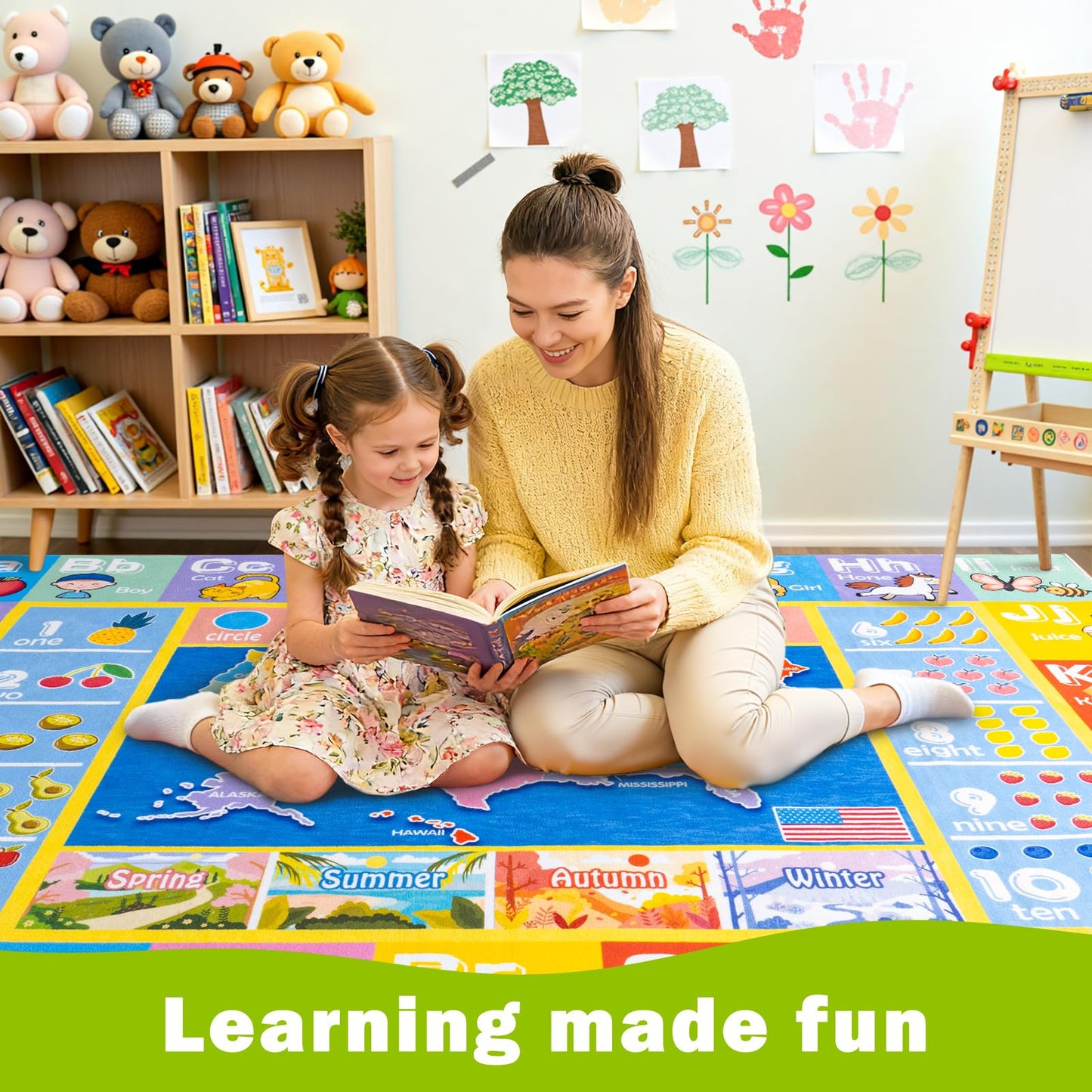 OHDS Kids Rugs for Playroom - Soft & Non-Slip 3x4 Feet Educational Rug for Learning ABC Alphabet, Numbers, Shapes & Map, Washable Classroom Rug for Toddler Nursery & Kids Room Decor