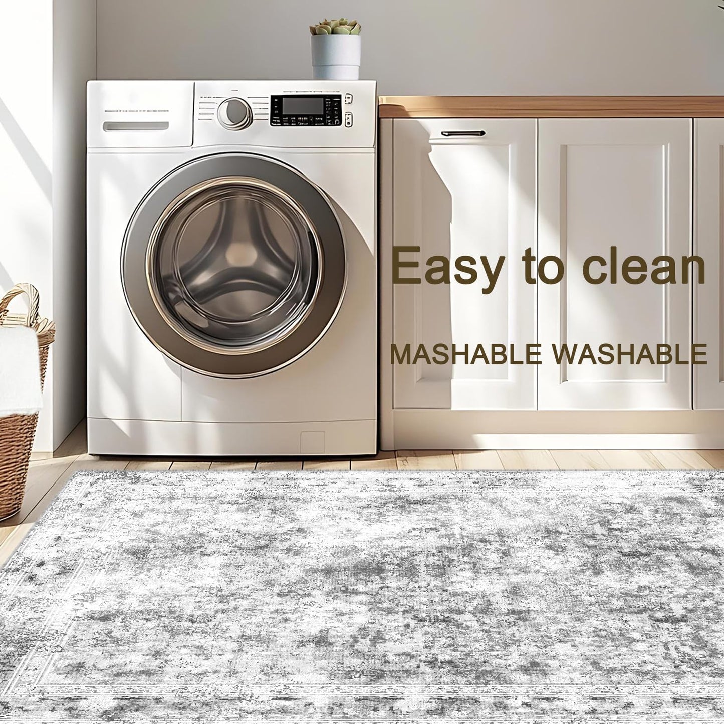 LOOMY 4x6 Grey Washable Rug – Faux Wool Plush Carpet for Living Room or Bedroom, Stain-Resistant & Pet-Friendly
