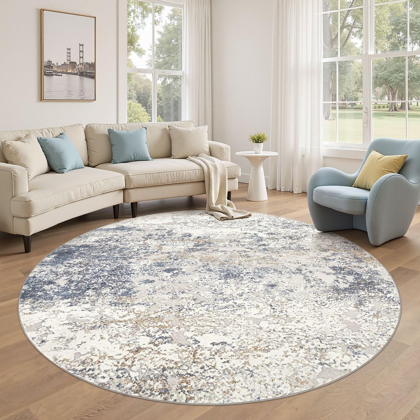 DMOYEST 6ft Round Area Rug Living Room Rugs - 6x6 Washable Large Soft Indoor Modern Abstract Low Pile Rug Carpet for Bedroom Dining Room Farmhouse Home Office - Beige Blue