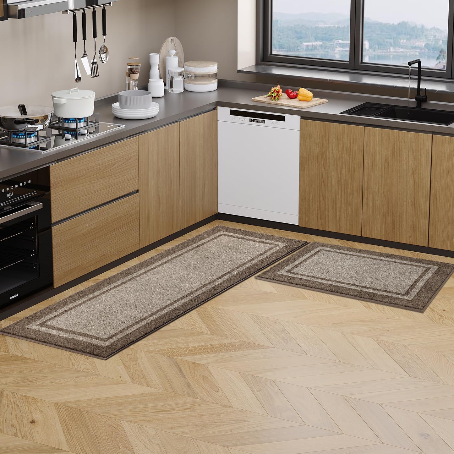 Kitchen Rugs 24" x 70", Non-Slip Machine Washable Kitchen Runner Rugs Floor Mats, Absorbent Comfort Standing Mats for Kitchen, Sink, Laundry and Hallway, Rolled Packaging, Beige & Grayish Brown