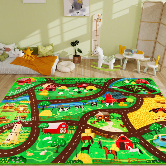 Kids Car Carpet,3'3" x 4'11" Car Rugs for Kids Toy Cars,Non-Slip Farmhouse Road Rug for Kid,Kid Room Race Track Rug,Pasture Track Mat Car Play Rugs for Playroom Bedroom Boys(for Age 2+)