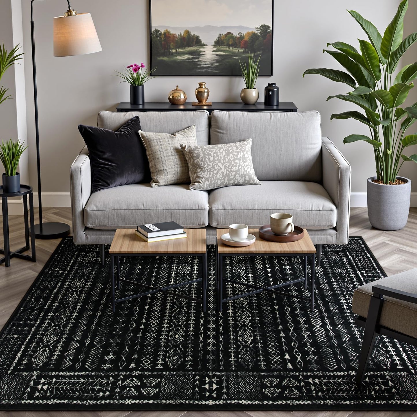Zealude Boho Black and White 5x7 Area Rugs for Living Room, Large Washable Rug for Bedroom Dining Room, Moroccan Geometric Distressed Throw Carpet for Entryway Kitchen Playroom Office(5 x 7,Black)