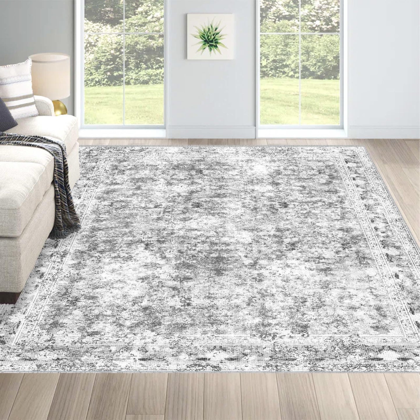 LOOMY 4x6 Grey Washable Rug – Faux Wool Plush Carpet for Living Room or Bedroom, Stain-Resistant & Pet-Friendly