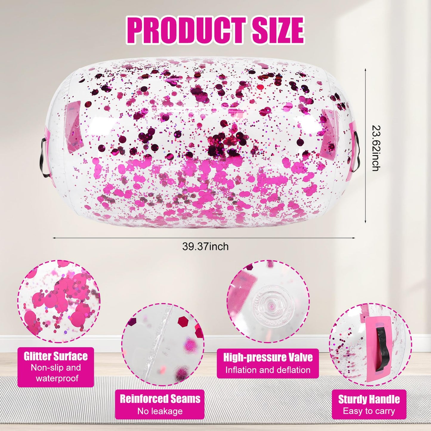 Gemscream Gymnastics Barrel Inflatable Air Roller Mat 40" x 24" Glitter Tumbling Air Barrel Gymnastic Cylinder Tumble Equipment for Back Handspring Trainer Cheerleading Yoga Home Use(Glitter Pink)
