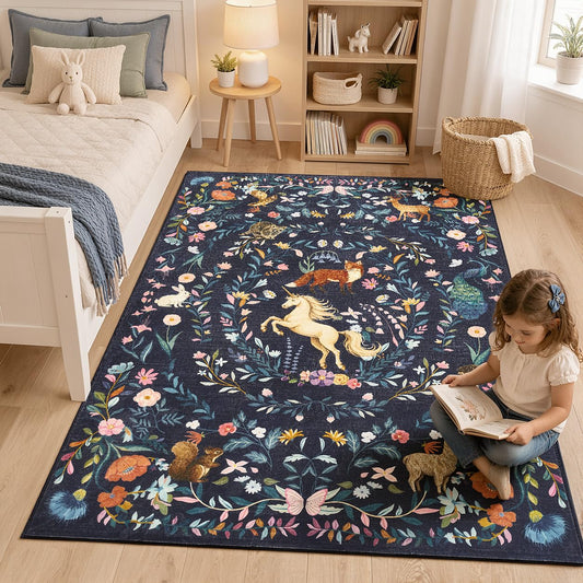 jinchan Moonrise Area Rug 5x7 Kids Room Rug Washable Unicorn Rug Soft Non-Slip Low Pile Fairytale Woodland Animals Floral Carpet for Classroom Nursery Playroom Bedroom Living Room Midnight Navy Blue