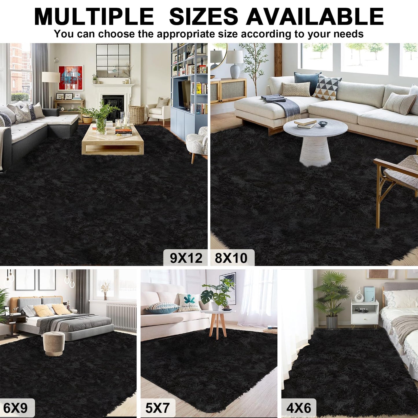 Large Shag Area Rugs 5x7 for Living Room, Ultra Soft Fluffy Black Rugs for Bedroom, Shaggy Living Room Rug, Plush Fuzzy Bedside Rug, Floor Carpets for Kids Dorms Room Home Decor, Upgrade Anti-Skid