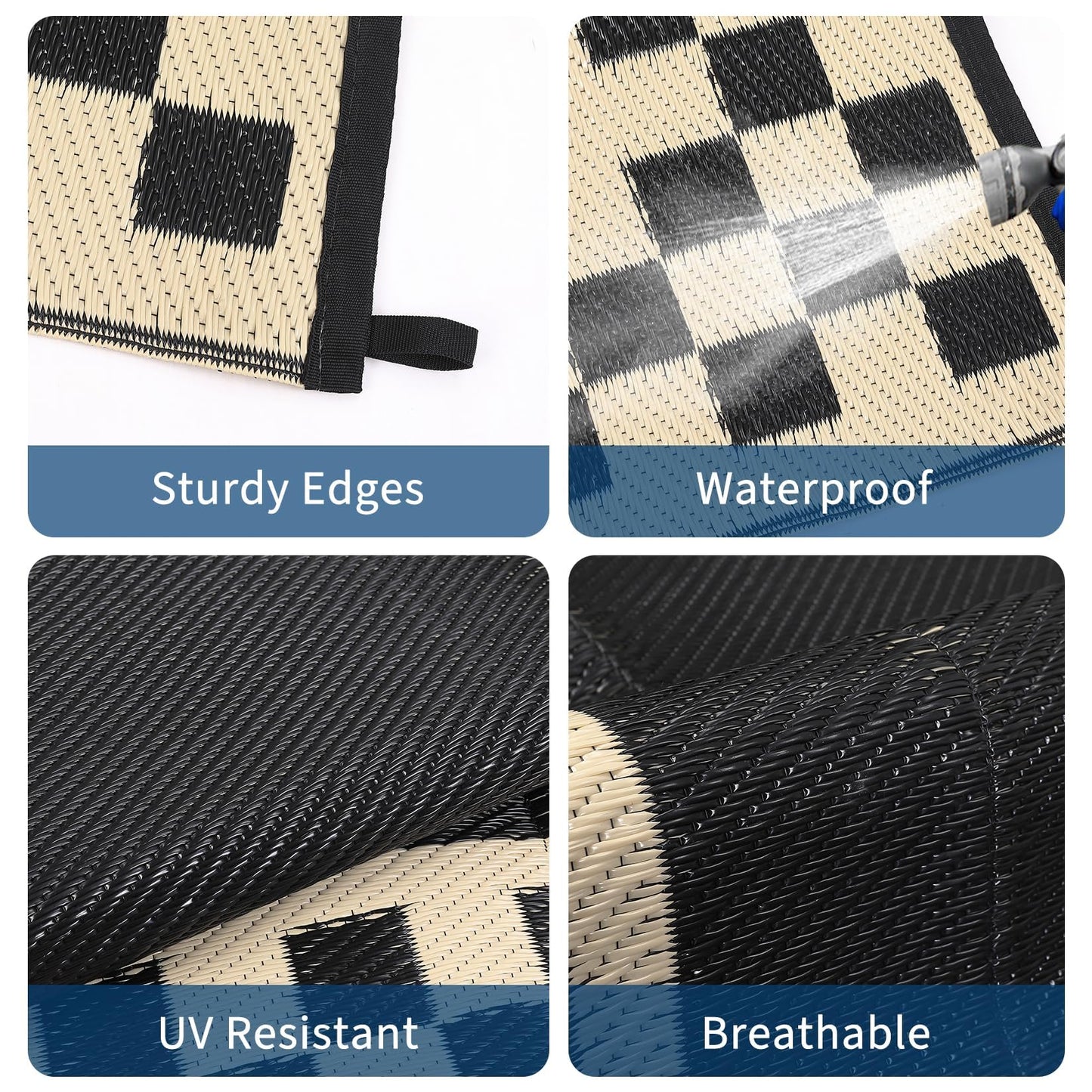 Garvee Outdoor Rug 9x12 Waterproof Reversible Patio Rug Modern Geometric Outdoor Carpet, Fade-Proof & Weather Resistant Minimalist RV Picnic Camping Mat for Garden Backyard Balcony, Black & Beige