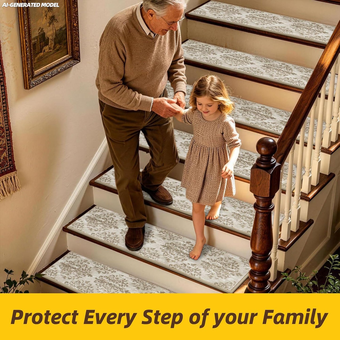 JSEI Stair Treads for Wooden Steps, 15 Pack 8" X 30" Non-Slip Machine Washable Carpet Stair Treads with TPE Backing, Indoor Stair Rug Runner for Kids Elders & Pets, Polyester, Light Beige/Brwon
