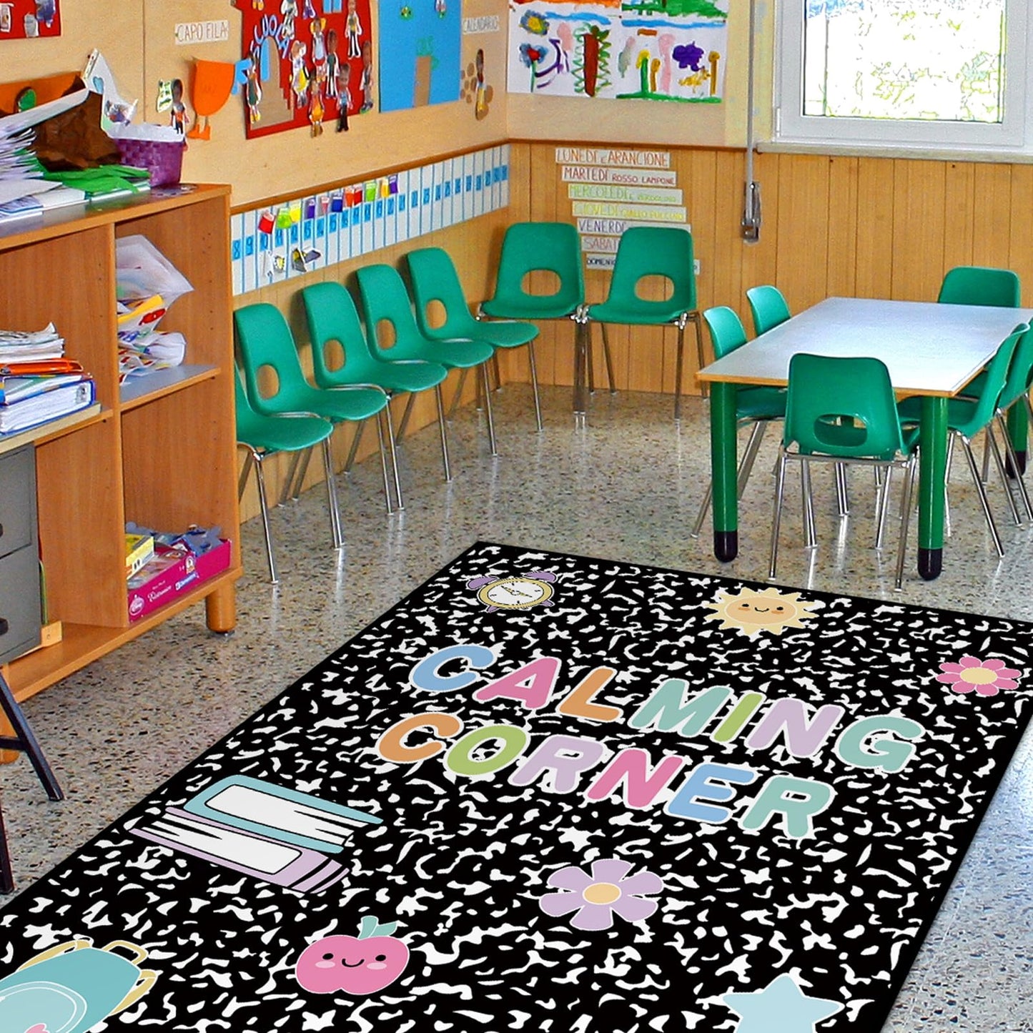 Maasechs 7x5 ft Calming Corner Classroom Rug Composition Notebook Classroom Schoolgirl Corner Items Rug Emotion Mental Health Soft Fluffy Carpet Floor Mat for Nursery Homeschool Playroom Elementary