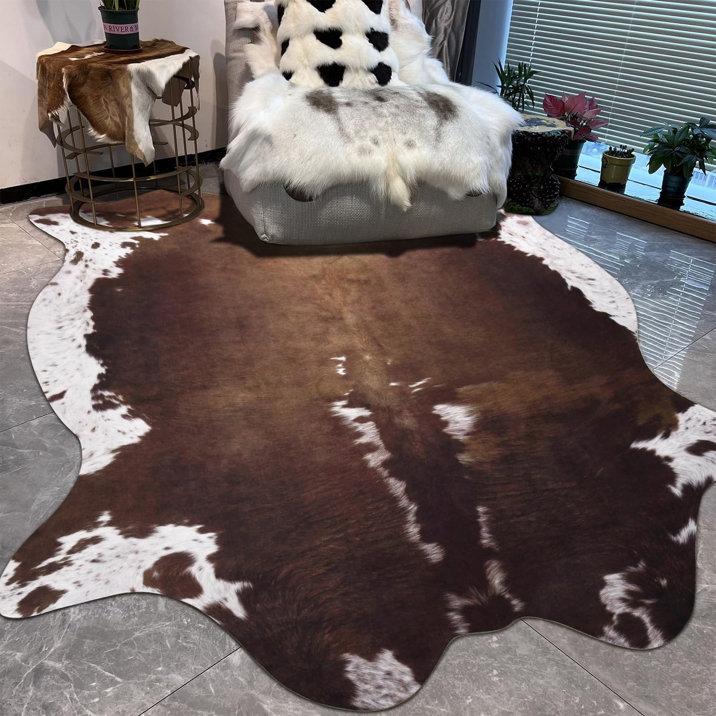 Pettop Luxury Faux Cowhide Rug 4.6x5.2 Feet - Western Cow Print Area Rugs for Living Room, Bedroom, Farmhouse - Premium Western Style Faux Fur Carpet, Non-Slip Animal Hide Throw Rugs (Dark Brown)