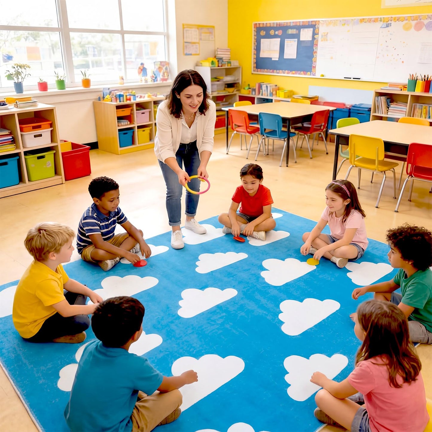 Breling Classroom Carpets Playmat Rugs 6x9 ft Blue Kids Classroom Rugs with Rubber Backing, Cloud Pattern Children's Seating Nursery Play Mat for Preschool Elementary Playroom Kindergarten